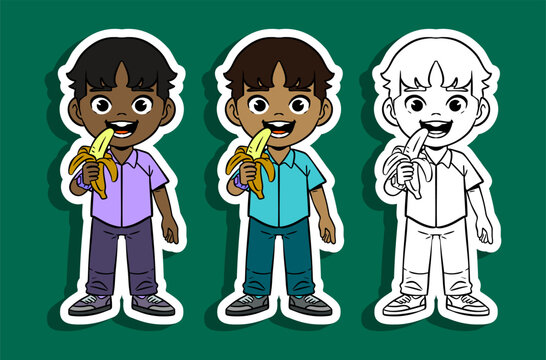 Boy Eating Banana Illustration Set