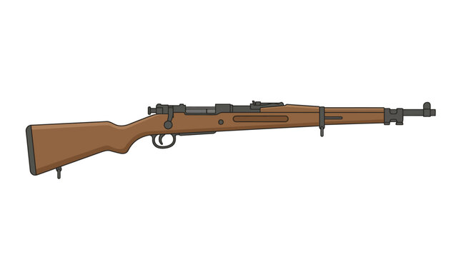 A rifle with a wooden stock and metal components on a white background, highlighting its design and features.