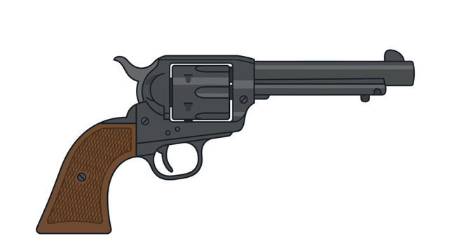 A black revolver with a brown wooden grip on a plain white background in a horizontal position.