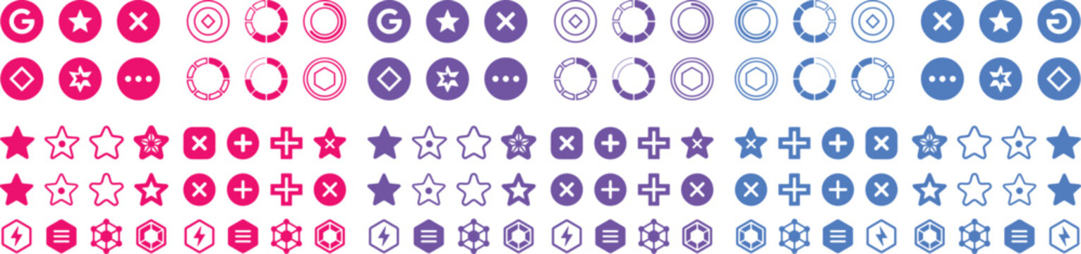 Modern UI Icon Set, 120 vector icons for web and mobile interfaces. Gradient pink, purple, and blue symbols for app design, user experience, and digital projects.