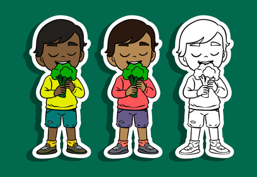 Kids Eating Broccoli Illustration Set