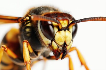 Naklejka premium Extreme close up macro photo of hornet insect head. Detailed view of wasp eyes antennae mandibles. Yellow black striped body segment detail.