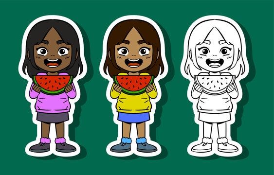 Girl Holding Watermelon Illustration Set