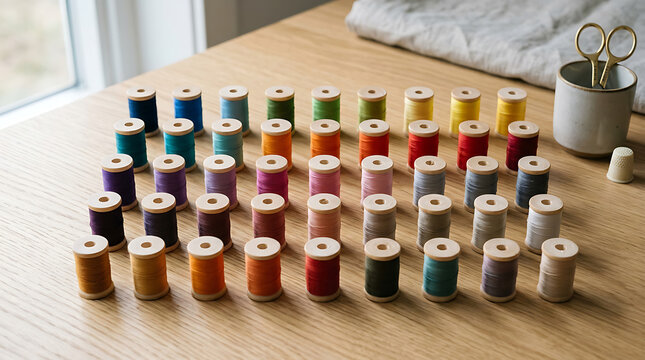 Colorful sewing thread spools neatly arranged in rows on a light wooden table for tailoring and craft work