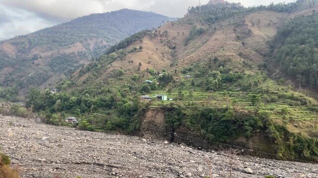 Panaromic view of mountains includes village along with home situated at Mandi Distt Near IIT Kamand himachal pradesh india