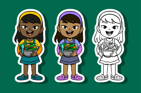 Happy Little Girl Holding Bowl of Salad Illustration Set