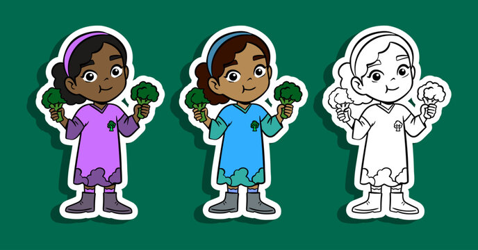 Girl Holding Broccoli Illustration Set