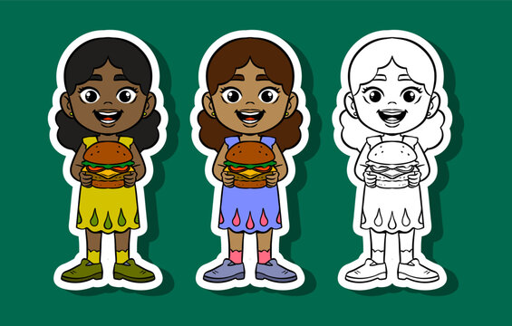 Happy Girl Holding Burger Illustration Set
