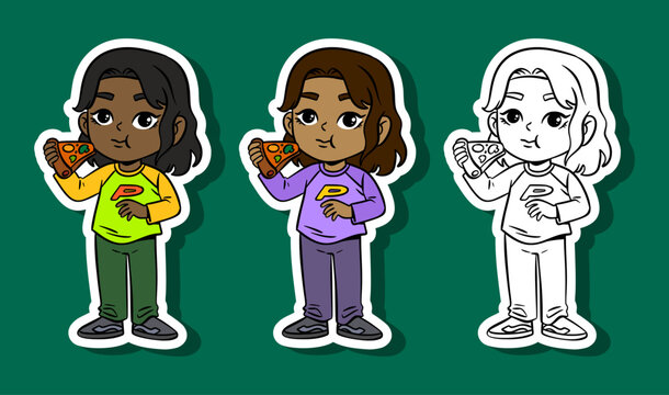 Child Eating Pizza Illustration Set
