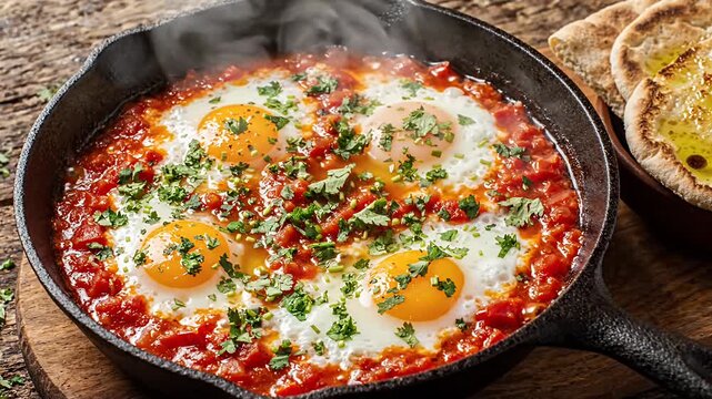 Shakshuka eggs cooking inside cast iron skillet. Tomato sauce bubbling. Fresh cilantro garnish added.