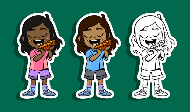 Girl Eating Hot Dog Illustration Set