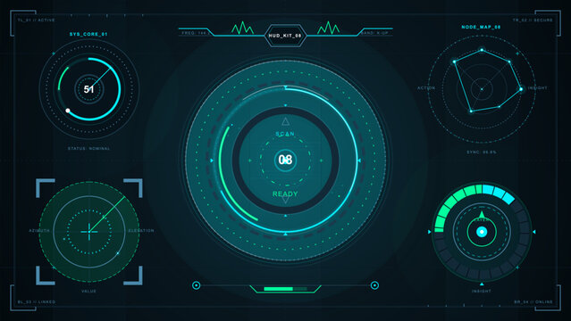Futuristic dark HUD interface with glowing cyan and green circular scanners, radar graph, gauges, data panels, and digital grid details