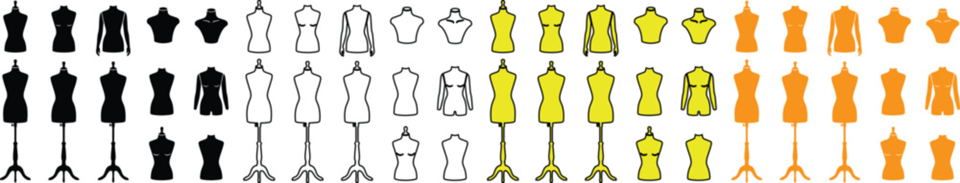 Fashion Mannequin Vector Set, diverse dress forms and tailor dummies in black, outline, yellow, and orange, ideal for clothing design and retail graphics
