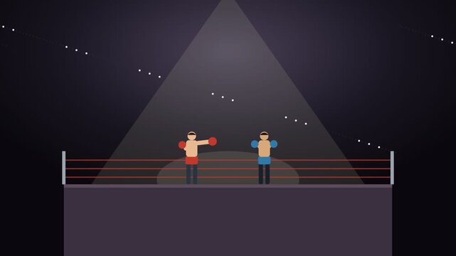 Boxing match in illuminated ring flat design animation for combat sports competition concept