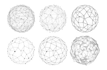 Fototapeta na wymiar Black Polygonal Network Spheres Set With Geometric Lines And Dots