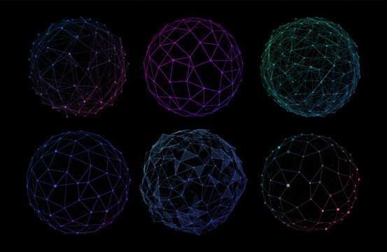 Dark Digital Network Spheres Set With Glowing Polygon Connections