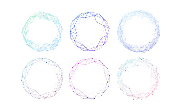 Colorful Low Poly Network Circle Frames Set With Connected Points