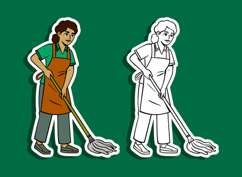 Woman Mopping Floor Cartoon Illustration