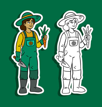 Female Gardener with Carrots Illustration Set
