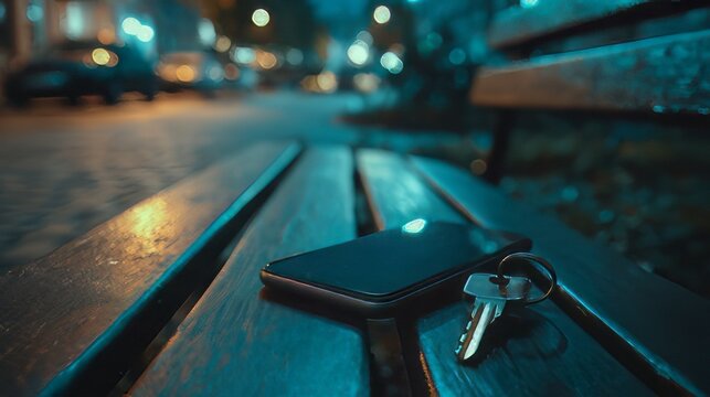 Smartphone and keys left on a wooden park, street bench at night