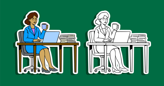 Businesswoman Working on Laptop with Coffee Illustration Set