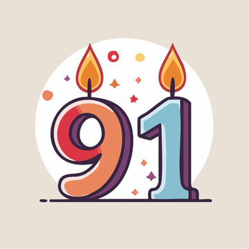 Number 91 Birthday Candles with Flames