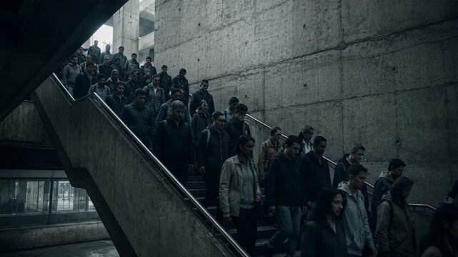Crowd of woman and man walking down concrete staircase in dystopian city. Depressing life in society of total control. Melancholic atmosphere of daily routine.