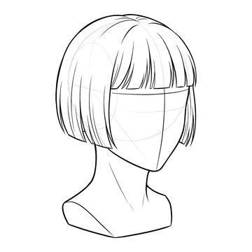 Hand drawn sketch of 1920s dutch boy bob haircut 3/4 view isolated.