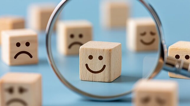 Magnifying glass focusing on a happy face wooden cube surrounded by sad faces, symbolizing customer satisfaction and sentiment analysis.