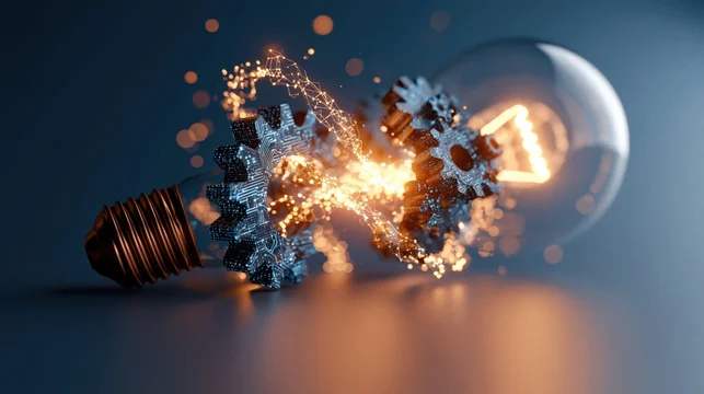 Concept of Innovation and Creative Ideas with Glowing Lightbulb and Mechanical Gears Sparking