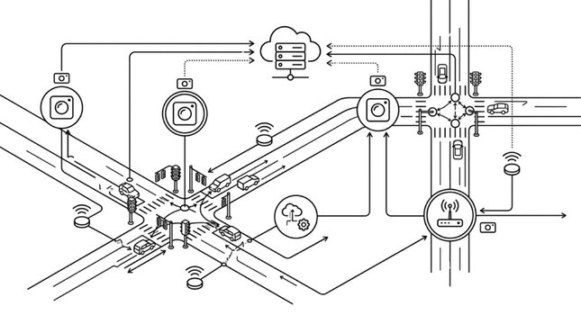 Line art isometric perspective drawing vector collection of smart city architecture entourage layout elements with traffic control and surveillance network