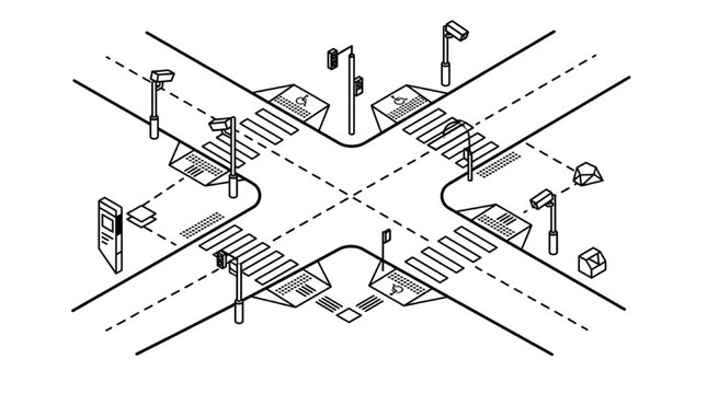 Line art isometric perspective drawing vector collection of smart city architecture entourage layout elements with accessible intersection and crosswalk