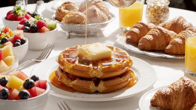 Syrup pouring over stacked breakfast waffles. Butter melting onto pastry. Golden food meal waffle pastry.