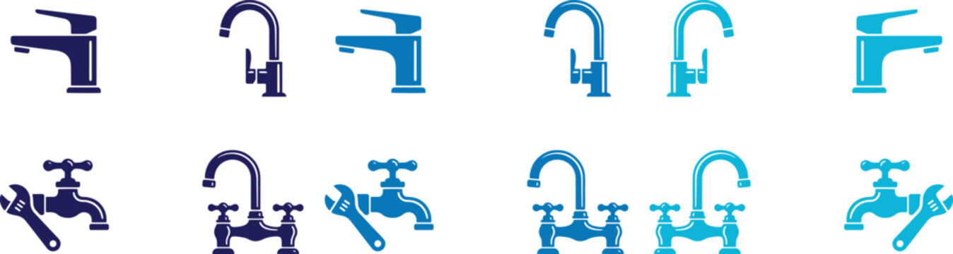 Modern Faucet Icons, 10 blue and teal plumbing fixture vector graphics, bathroom and kitchen tap symbols, water supply and repair service elements