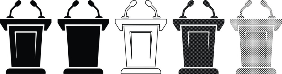 Podium vector icon set, five distinct speaker stands with microphones, black, white, and gray minimalist design for presentations, conferences, and public speaking events © Haseeb's Work