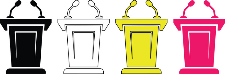 Podium and Microphone Vector Icons, a collection of four distinct speaker stands in black, outline, yellow, and pink, ideal for presentations, public speaking, and event design. © Haseeb's Work