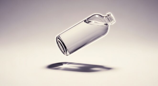 Minimalist 3D render of a clear glass bottle floating in midair.