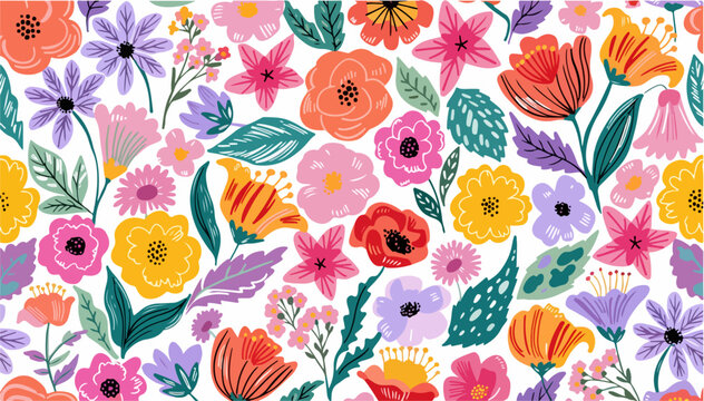 Modern ditsy floral background vector featuring small colorful watercolor blossoms and green foliage
