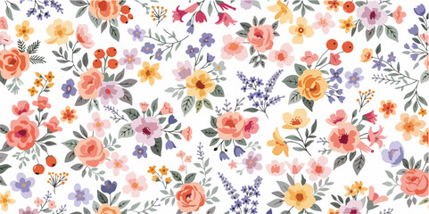 Naklejka premium Watercolor flower vector background with small bright field blossoms and botanical branch details