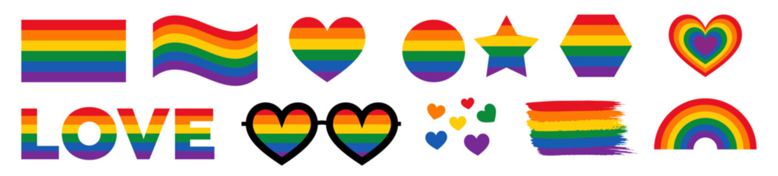 Pride month flag collection design elements, rainbow and community identity flags in various styles and patterns. LGBTQ celebration, diversity and inclusion graphic vector illustration set