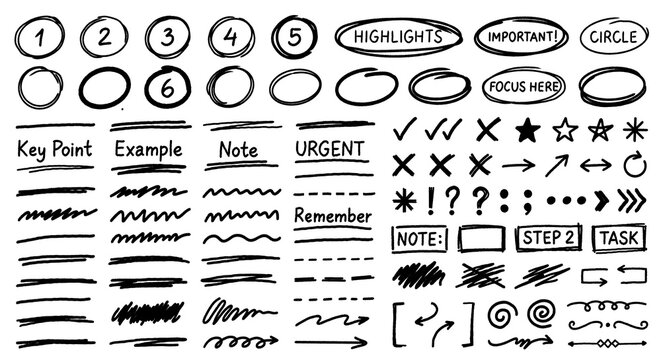 Hand Drawn Correction and Note Accent Set with Circle Highlight Checkmark Cross and Border Lines