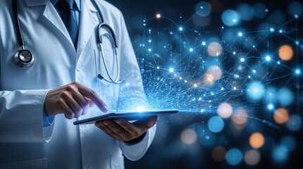 Fototapeta premium Doctor uses a tablet that emits a complex, glowing network of digital data consisting of connected dots and lines.
