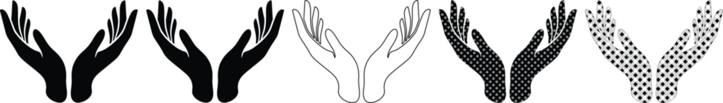 Open Cupped Hands Vector Set, diverse hand gestures in black and outline styles, symbolizing care, giving, and receiving, ideal for spiritual and charity designs.