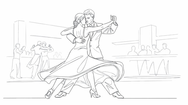 Couple Dancing in Ballroom Setting Line Art Illustration Romance and Social Lifestyle