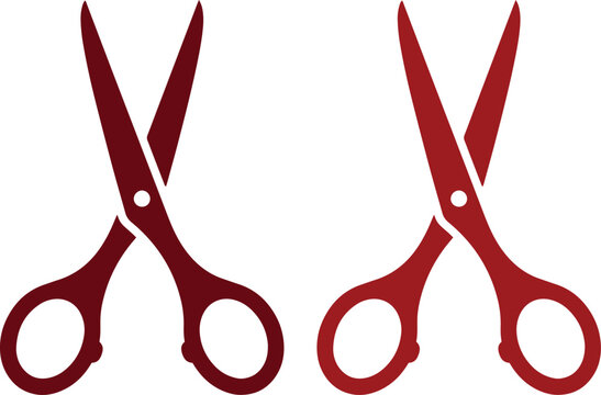 Pair of sharp red scissors, a versatile cutting tool vector graphic. Two open and closed scissor icons, perfect for design, craft, and barber shop themes.