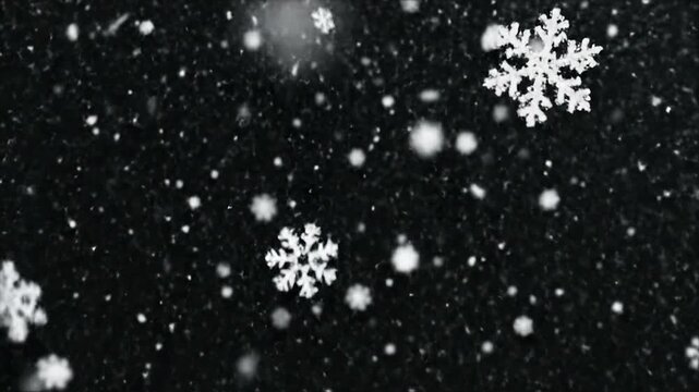 Snowfall overlay on black background with slow falling snow effect realistic winter particles soft motion loop green screen compatible high resolution atmospheric visual