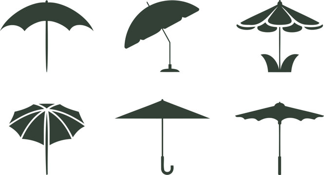 Collection of six different vector silhouette umbrella illustrations on a transparent background