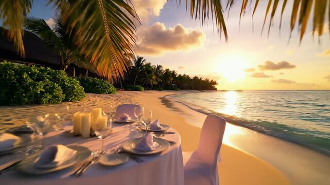 Romantic beachside dinner setup at sunset.