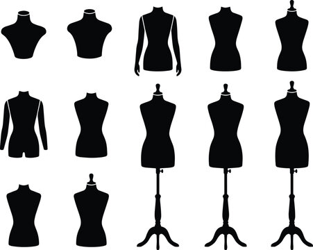 Fashion mannequin vector silhouettes, elegant dress form illustrations, tailoring dummies, black tailor bust collection, garment display stands for design and retail.