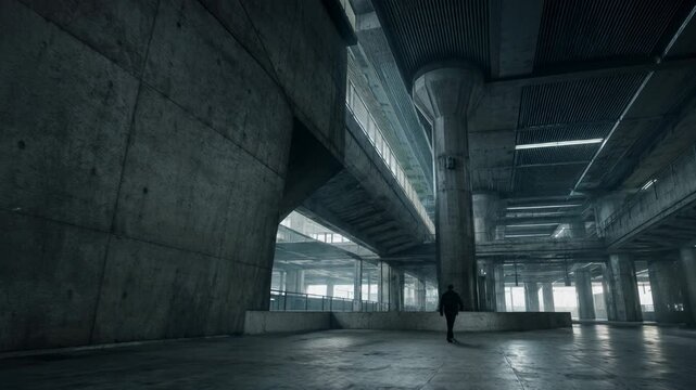 Man walking through brutalist hall under surveillance. Citizen moving across concrete dystopian structure. Totalitarian regime control and social oppression concept.